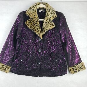 Bala Bala Women's S Leopard Print Cuff Jacquard Jacket Purple Geo Disco Metallic